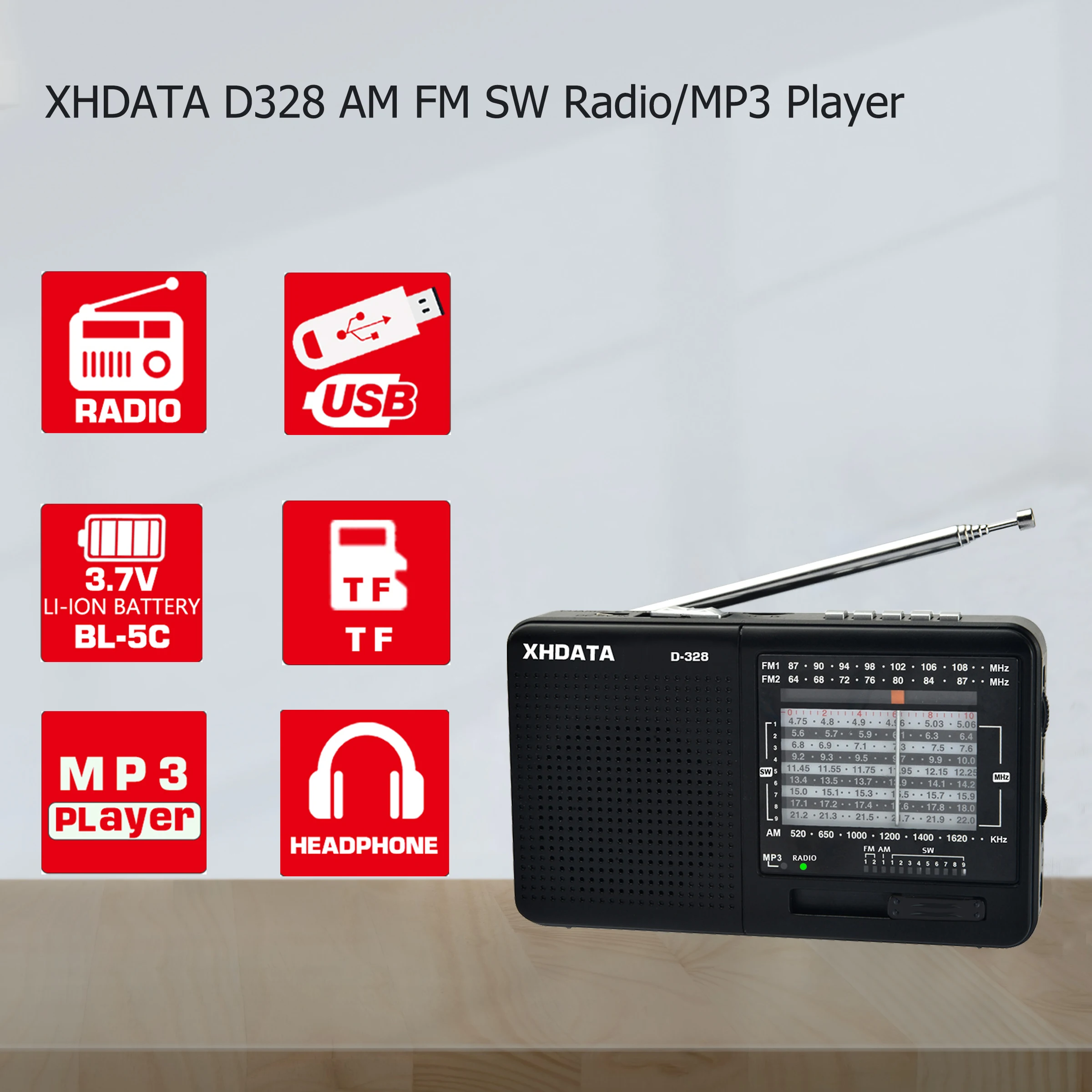 

Портативный Компактный радиоприемник XHDATA, FM-радио AM SW, mp3-плеер с разъемом для карты TF, 4/3 Вт