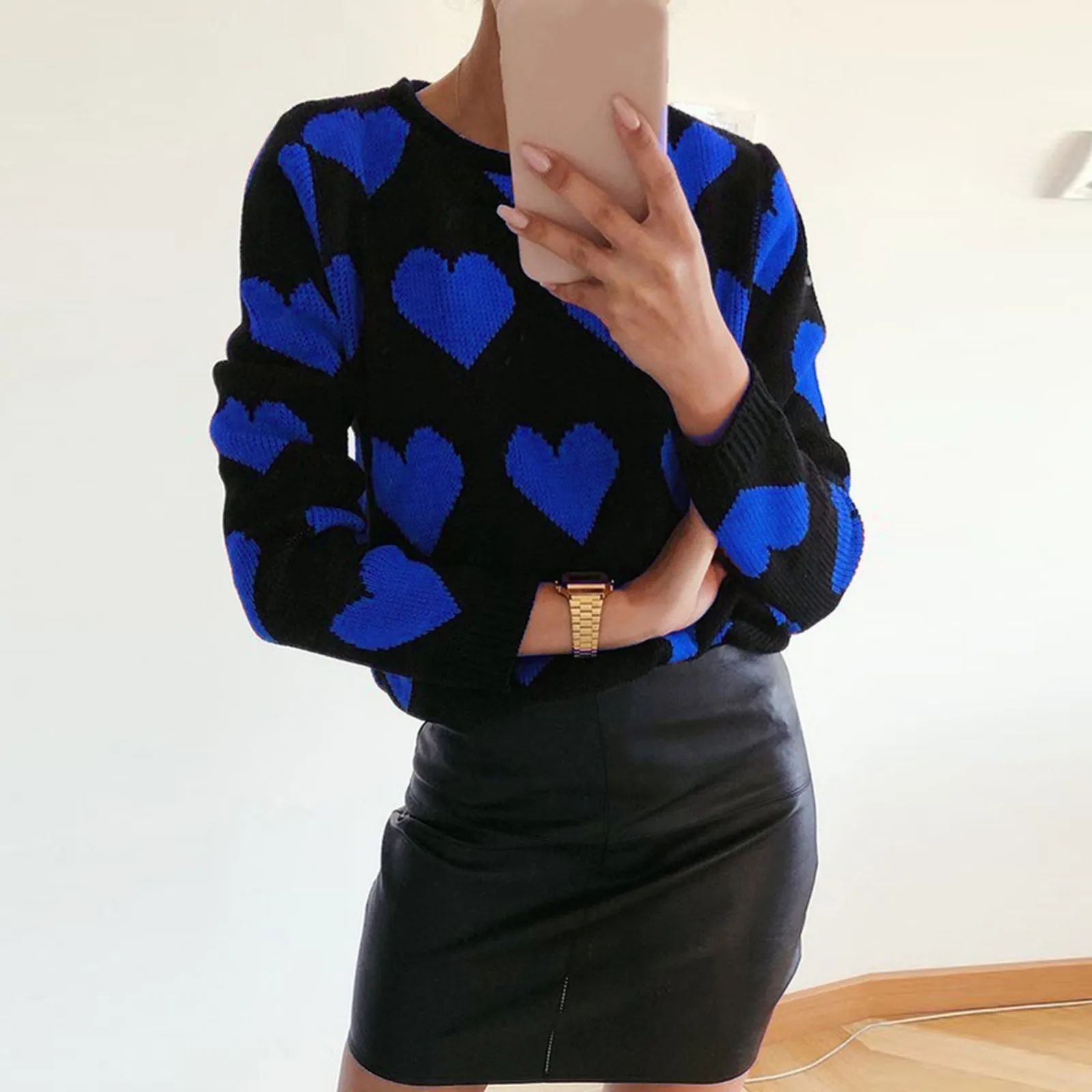 

Свитер женский, вязаный, с принтом в виде сердечек, с длинными рукавами, свободный, #01, зима 2021