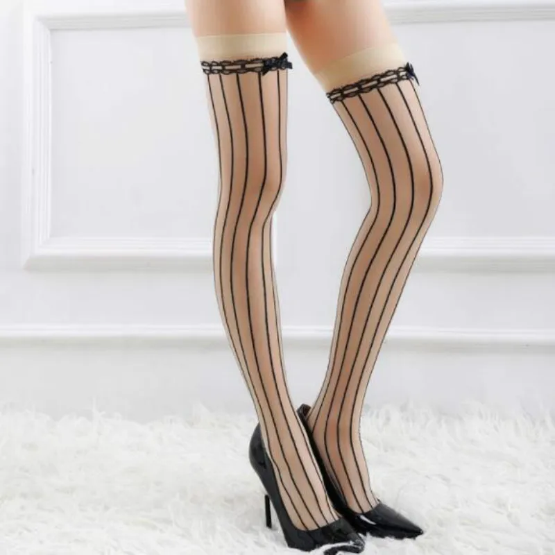 Чулки женские эластичные бежевые в Вертикальную Полоску тонкие летние | Женская