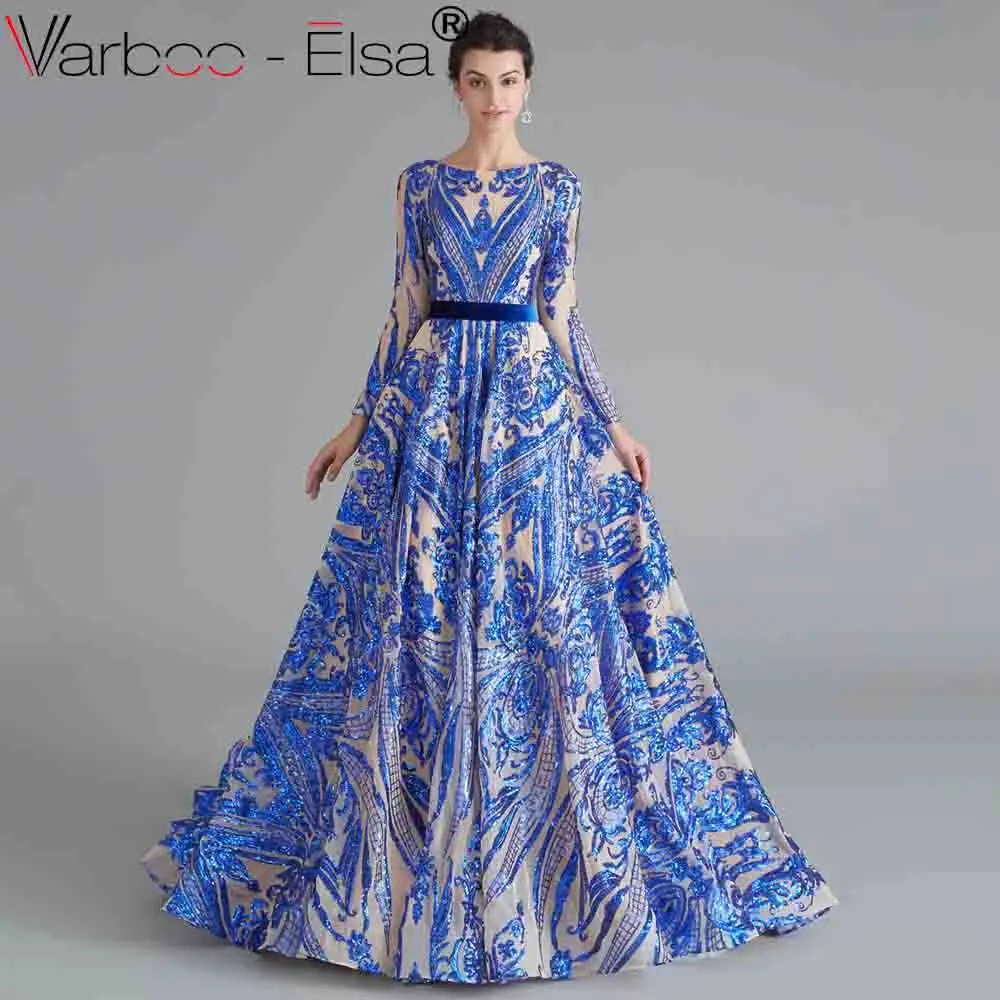 VARBOO_ELSA green Robe De Soiree Длинные вечерние платья с длинными рукавами и поясом, торжественное платье с блестками, женские вечерние платья - Цвет: as pic