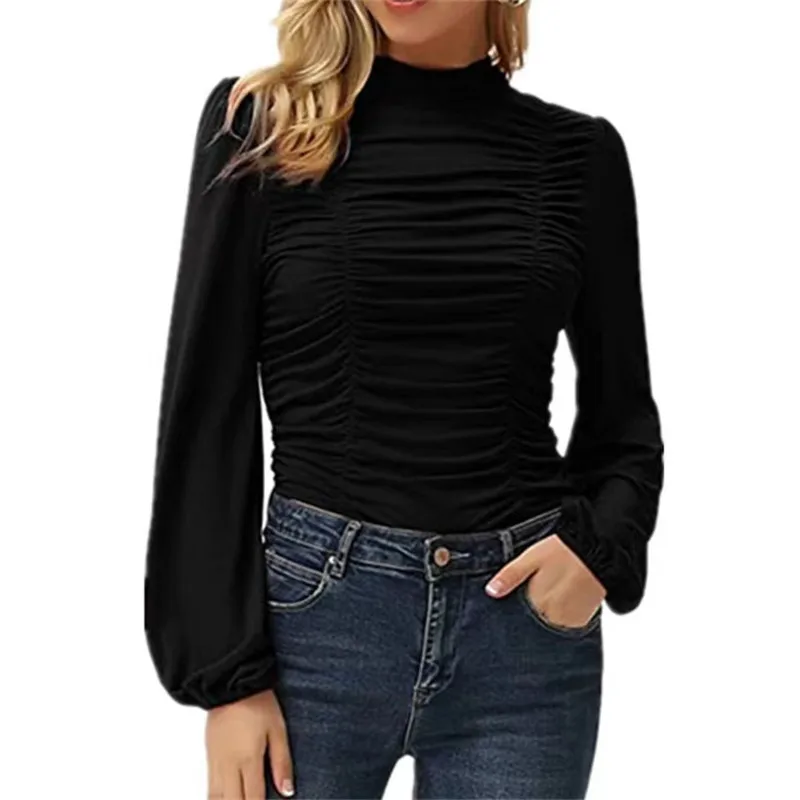 Женская блузка с длинным рукавом-фонариком черная или белая приталенная из шелка