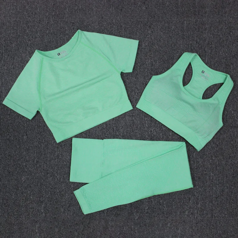 

3pcs Yoga Set Seamless Fitness Leggings With Sports Bra Short-sleeved Trousers Women Track Suits Push Up Pants Running Suits
