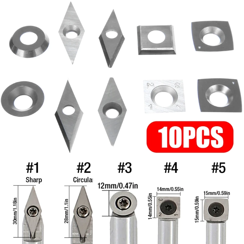 

10 Pcs Carbide Inserts Assorted Cutter Blades Set Diamond Square Round Wood Turning Working Lathe Tools Cutters