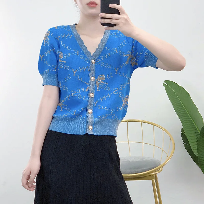 Женский тонкий жаккардовый кардиган винтажная подиумная футболка с V образным
