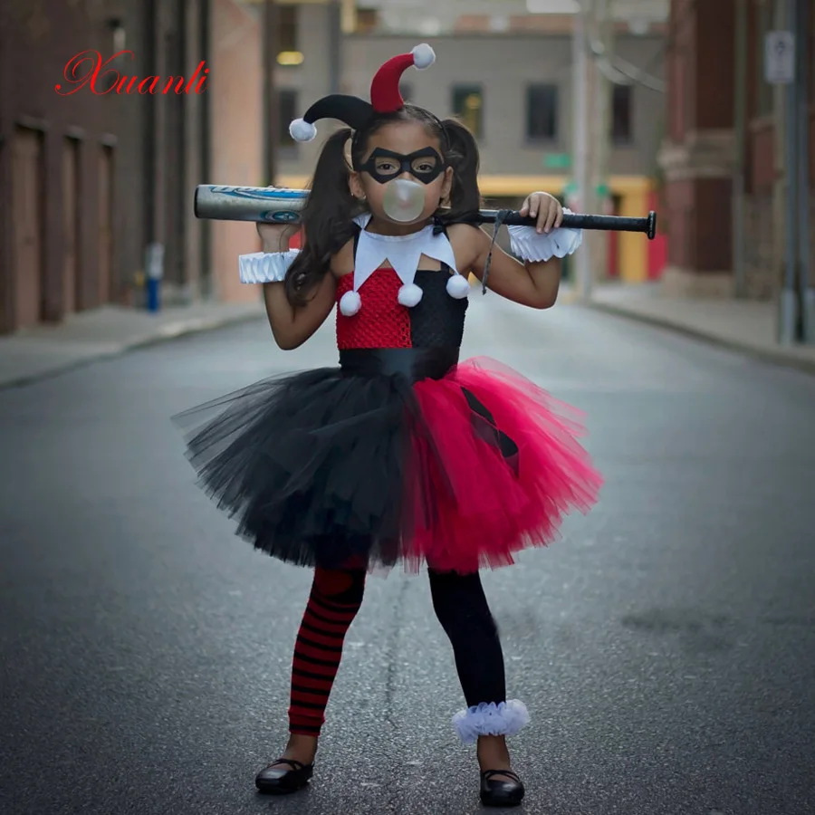 Harley Quinn/Детское платье-пачка для девочек с повязкой на голову; бальное платье на Хэллоуин; Vestido; Детские платья для девочек; рождественское платье