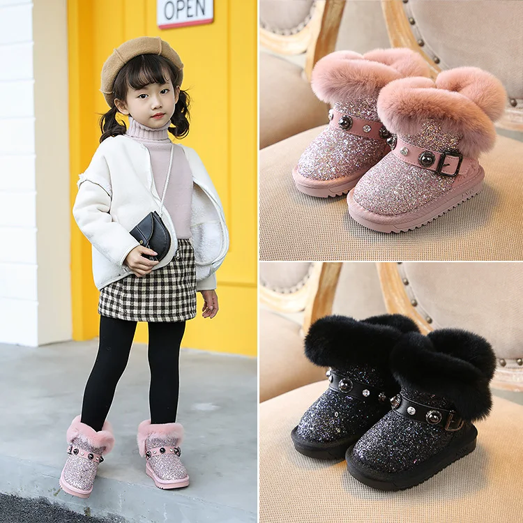 Детские зимние сапоги на кроличьем меху модные с блестками для девочек хлопковые
