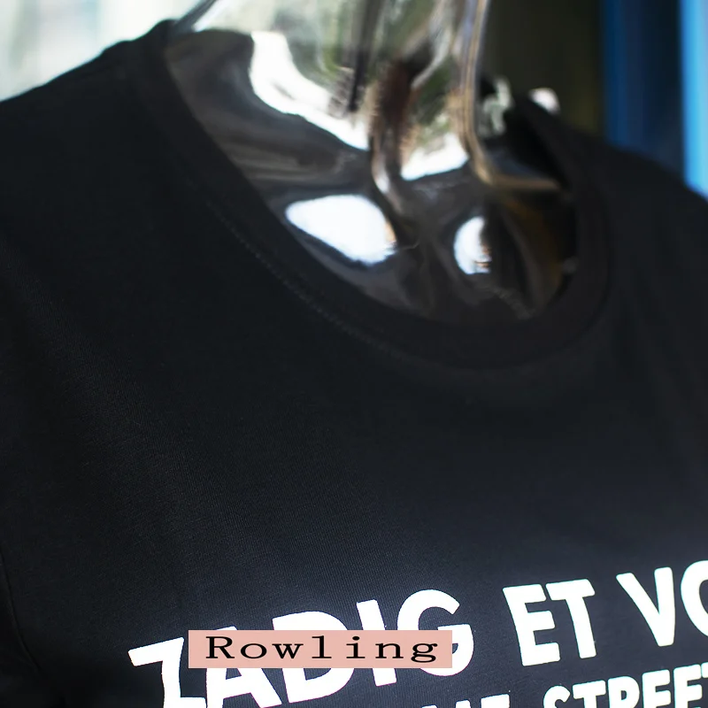 

Rowling Solid Letter Graphic Tee Shirts Woman Short Sleeve Round Neck Black Cotton T-Shirt Casual Classic Tshirts Tops 2021