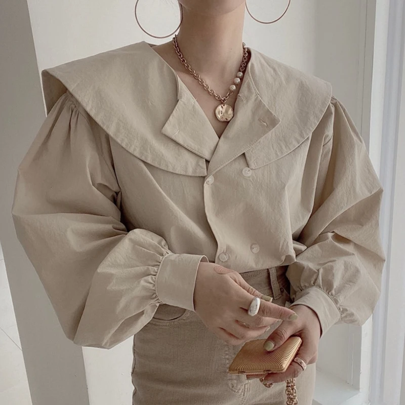 

Осенняя женская рубашка с длинным рукавом, винтажные однотонные корейские модные женские топы с двойным отложным воротником, женские повсе...