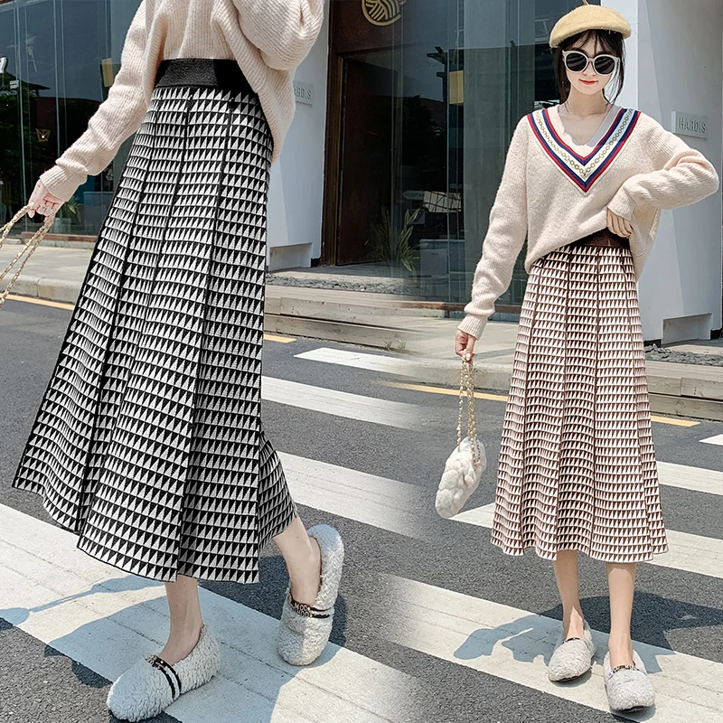 

TEESMT New High Quality Luxury Thick Warm Women's Pleated Knitted Geometry A Line Sweater Mujer Faldas Femme Skirts