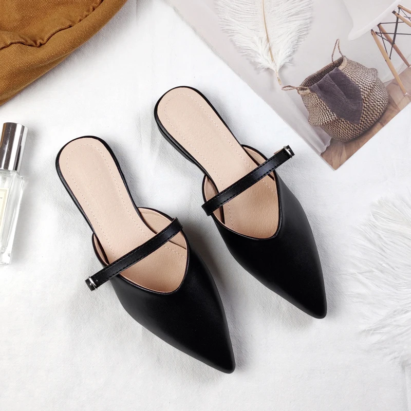 Designers Spring and Summer 2021 New Faux Leather Women's Flats with Pointed Toe Fashion Trend Slippers Flat Slippers for Women