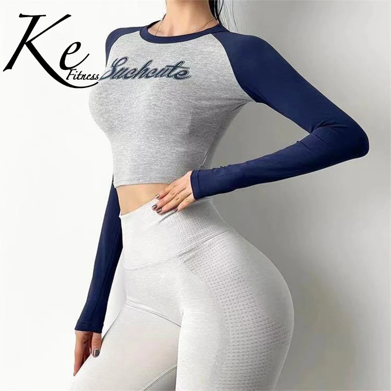 

Спортивная футболка KE в европейском и американском стиле с буквенным принтом, Женская быстросохнущая футболка для бега, йоги