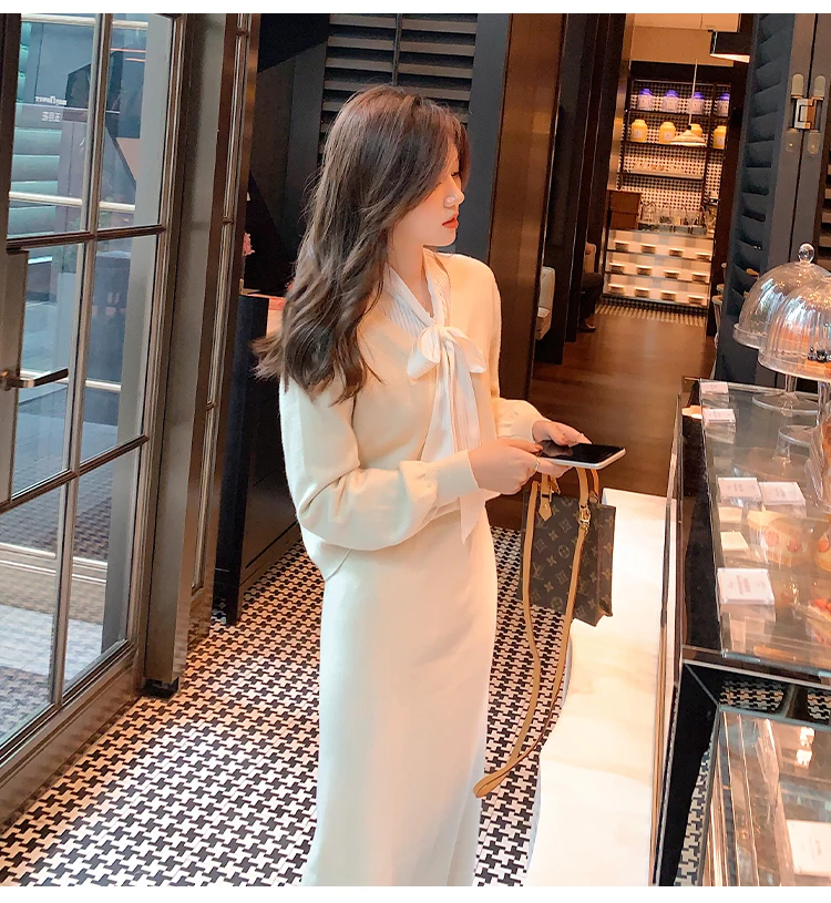 Женский костюм из двух предметов вязаный кардиган с бантом и V-образным вырезом