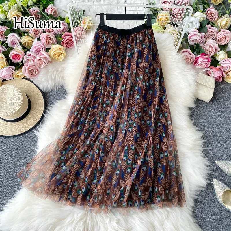 

2020 autumn new female high waist Feather print gauze pleated skirt women's chic mesh puff skirts