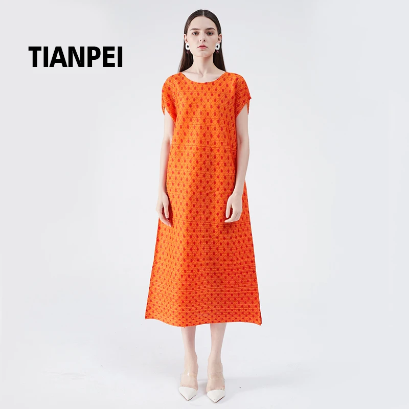 

Miyake pleated orange polka Fireflies dots summer dress New lace korean casual dress boho loose plus size dress dropshipping