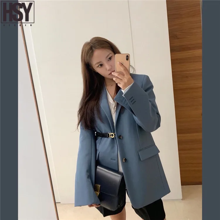 【HSY】 осенние новые женские костюмы высокого качества манжеты разрезы на заказ ремень камвольная ткань синий Повседневный Блейзер комплект Портной брюки костюм