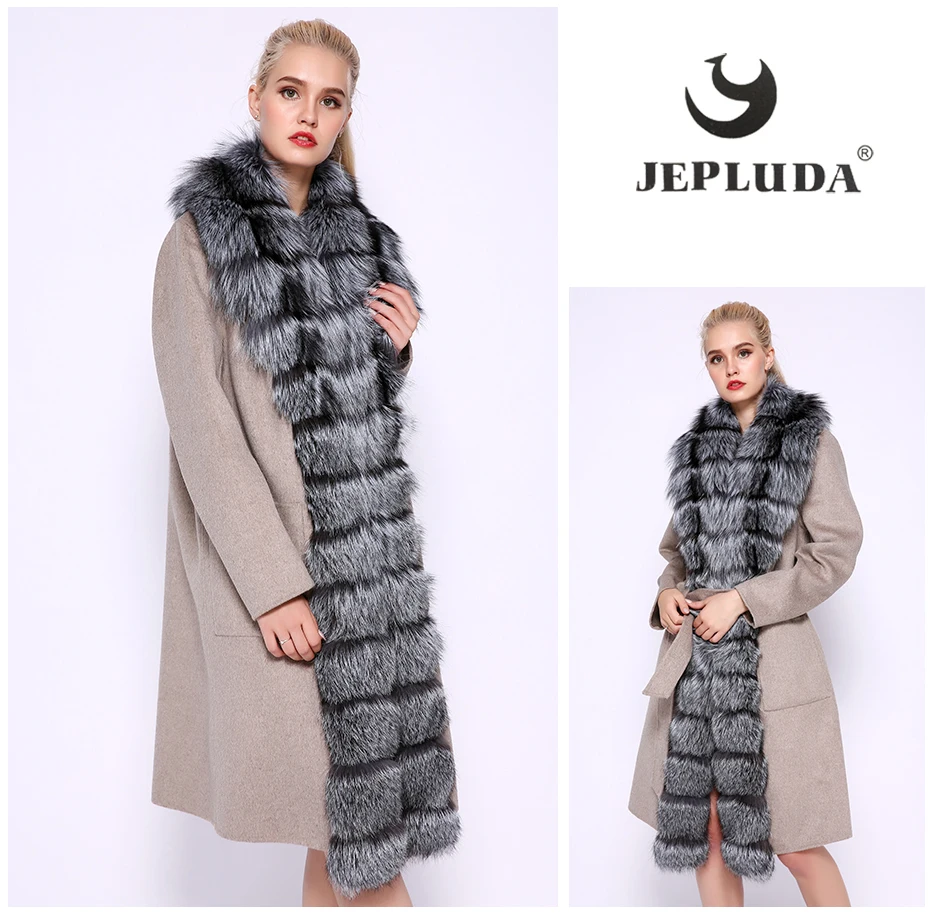 JEPLUDA роскошное кашемировое пальто женское с воротник Placket большой Лисий мех высокое качество100% шерсть натуральный пальто женское кашемир с натурального меха чернобурая лиса женская куртка с натуральным мехом