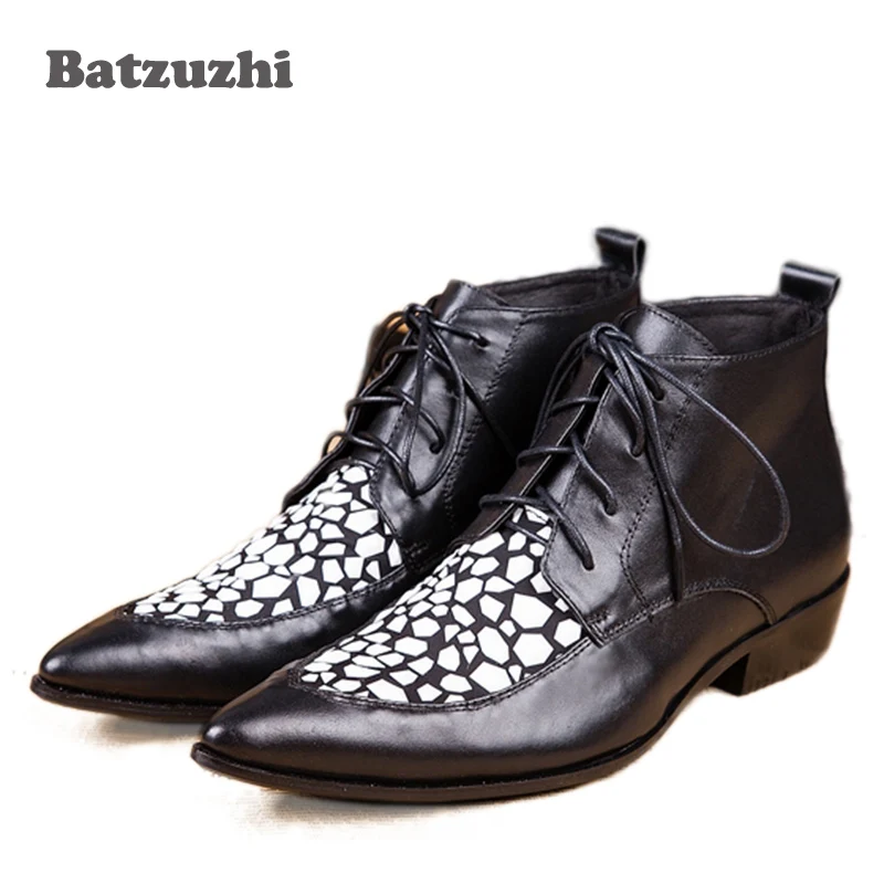 

Batzuzhi Man's Black leather boots pointed Toe Fashion male boots man's leather business shoes Party Dress Boots, eu38-46