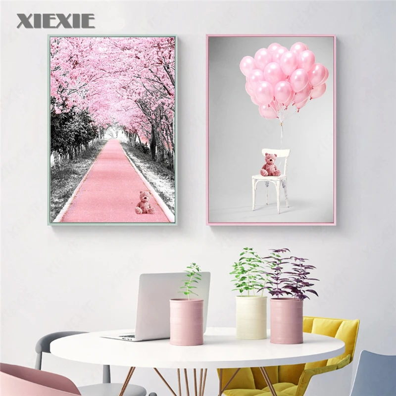 

Modern Pink Canvas Painting Lovely Electric Car Posters and Prints Flower Sea Balloon Wall Art Picture for Girl Room Decoration