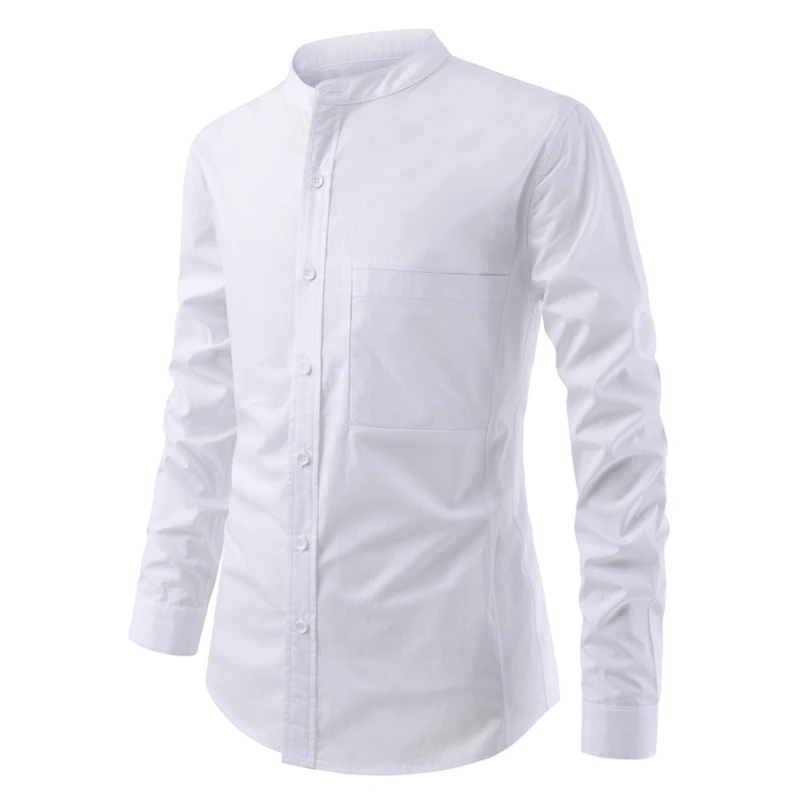 2021 Men Shirts Long Sleeve Pure Color Casual  Fashion  Slim Shirts Small Standing Collar Large Pocket  Blouse  Male Tops 2XL