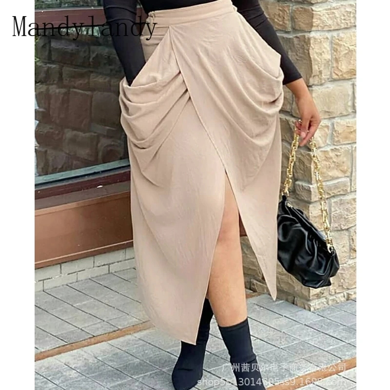 

Осенняя сексуальная юбка Mandylandy с высокой талией, плиссированная юбка с разрезом, Женская Повседневная однотонная Свободная юбка с карманам...
