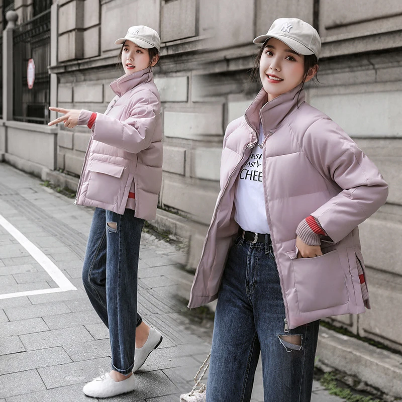Autumn and winter women's jacket stand collar striped bread suit down cotton short 2019 female new Korean long sleeve | Женская