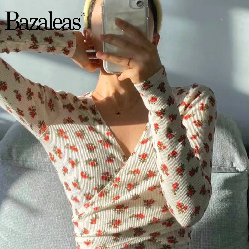 Модные блузки Bazaleas с цветочным принтом винтажная бандажная блузка V образным