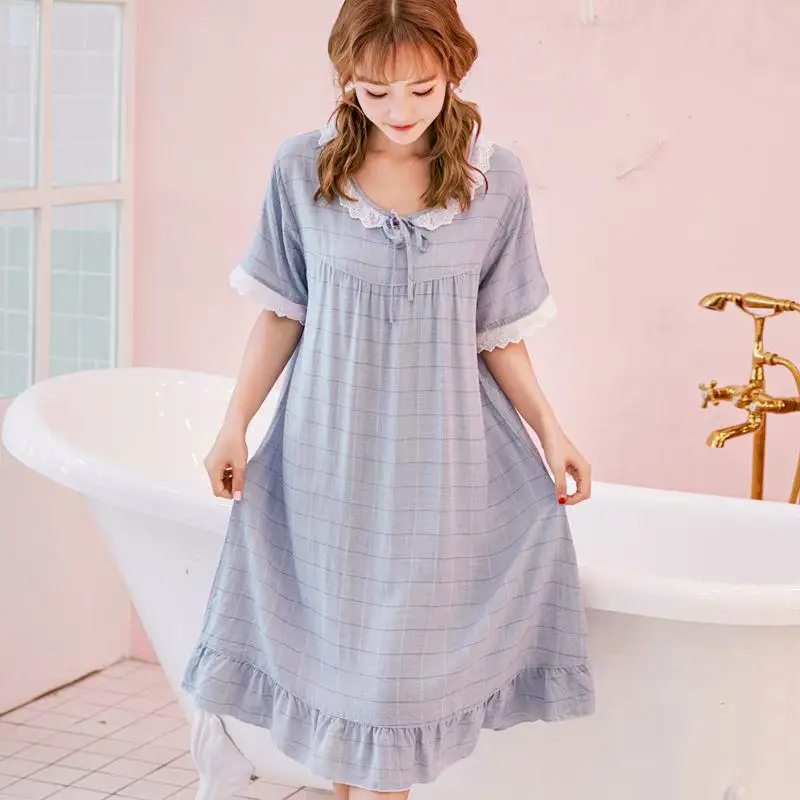 Female Sleepwear Summer Short Sleeve Night Dress Cotton Nightgown Negligee Casual Sleep Shirt Plaid Nightwear Nightdress - Color: Gray
