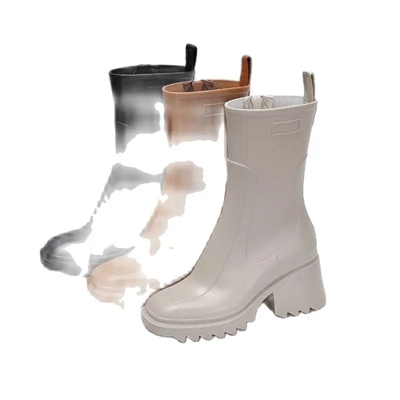 

2021 Brand Runway Women Ankle PVC Rainboots Chunky Heel Height Increasing Short Boots Thick Sole Motorcycle Boots For Women