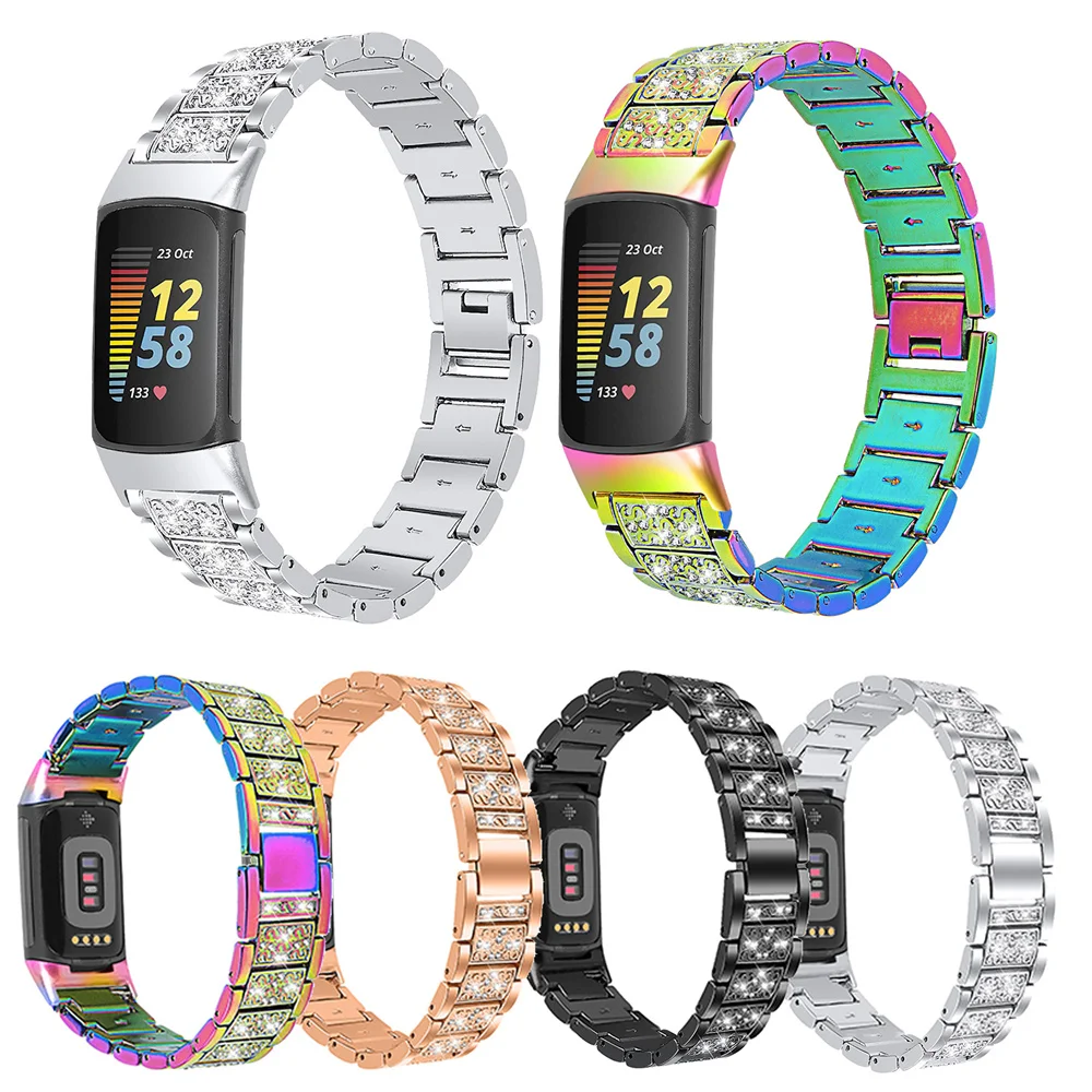 

Fashion Watchband Metal Steel Watch Strap Replacement Shiny Rhinestone Wrist Strap for Fitbit Charge 5 Watch Accessories