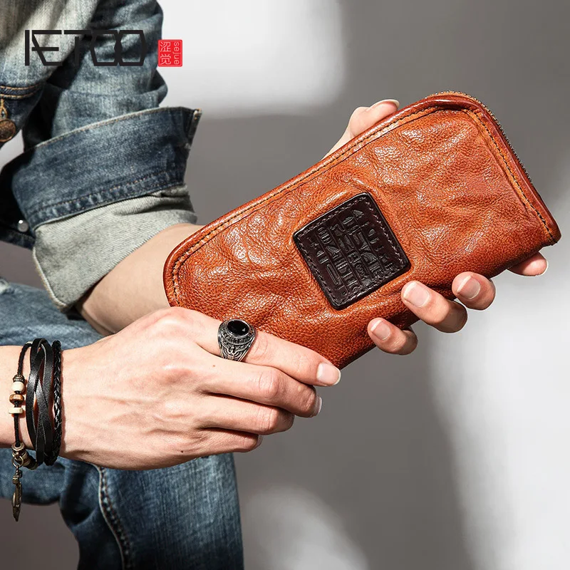 

AETOO Genuine leather men's long wallet, vintage leather clutch, trendy male personality zipper large-capacity wallet