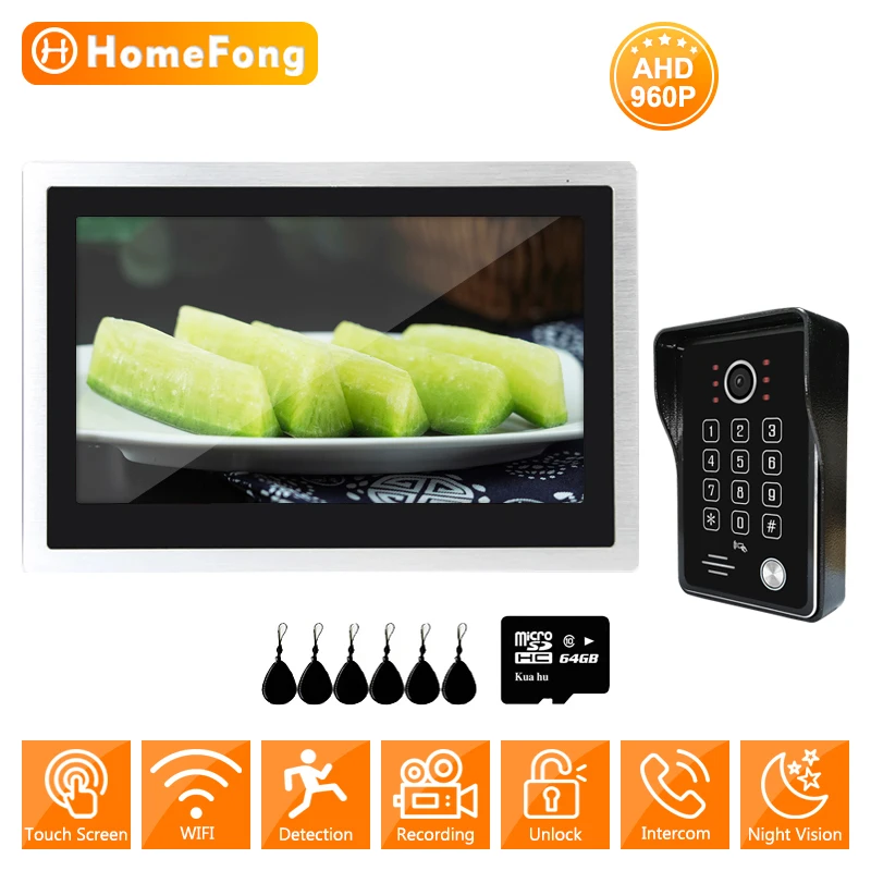 

HomeFong 10 Inch Wireless Wifi Intercom Video Door Phone Doorbell Camera Recording Motion Detect 960P with RFID Card Unlock