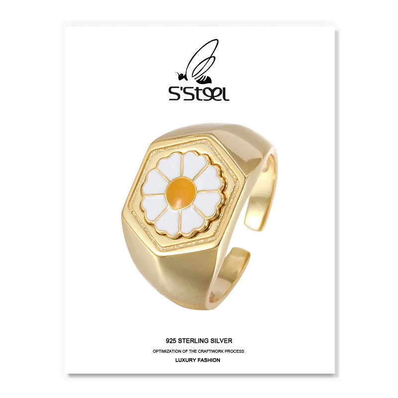 

S'STEEL Flower Rings 925 Sterling Silver For Women Krean Gold Fashion Daisy Opening Ring Anillo Plata 925 Mujer Fine Jewellery