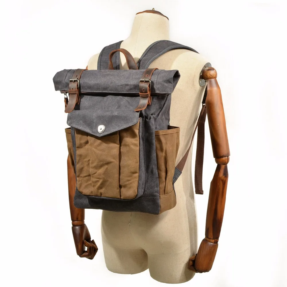 

Men Backpack New Vintage Oil Waxed Canvas Leather Backpacks Large Capacity Teenager Traveling Waterproof Daypacks 14" Laptops