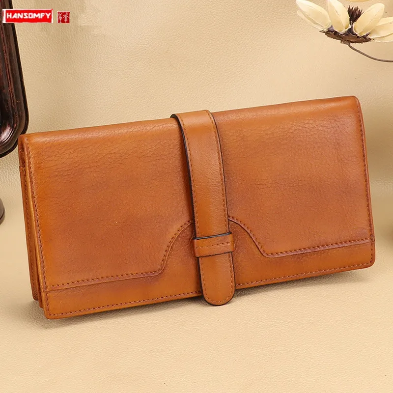 Retro Genuine Leather Women Wallet ladies first layer cowhide leather card purses women long anti-theft brush 2021 new thin