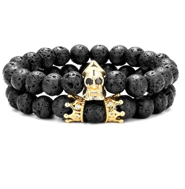 

2pcs/lot 8mm skull crown gold silver copper cz zircon cubic zirconia beads bohemian Bracelet agate Onyx Stone Bangles rfr4