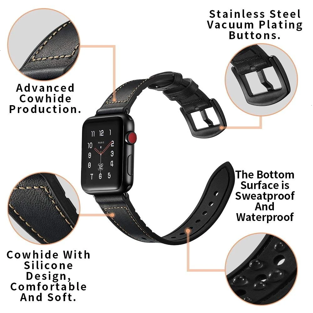 Кожаный силиконовый ремешок для apple watch 44 мм 40 iwatch серии 6 5 4 3 2 1 браслет 38 42