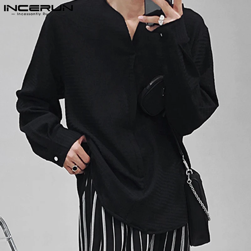 

INCERUN 2021 Men Shirt V Neck Streetwear Long Sleeve Baggy Korean Men Clothing Solid Color Folds Cozy Casual Camisetas S-5XL