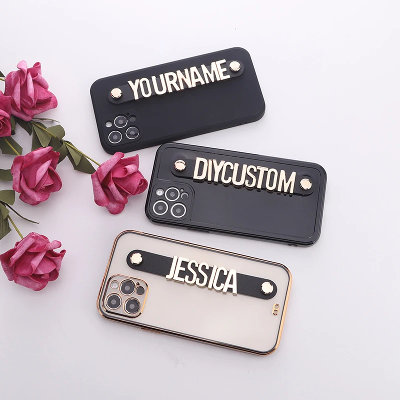 Custom Your Name Electroplate Square Frame iPhone 14 14ProMax 14Plus 13Pro Personalized Holding Strap Metal Letter Phone Bumper