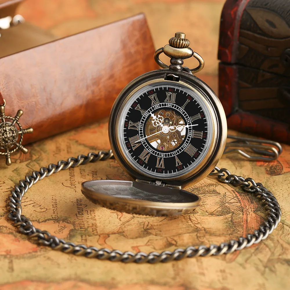 Bronze Pattern Mechanical Hand Winding Pocket Watch Transparent Glass Cover Roman Numeral Retro Pocket Chain Pendant Male Clock