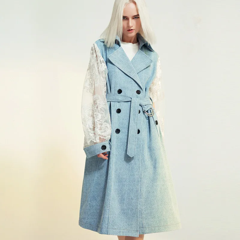 Женский джинсовый Тренч DEAT куртка с отложным воротником и кружевными рукавами