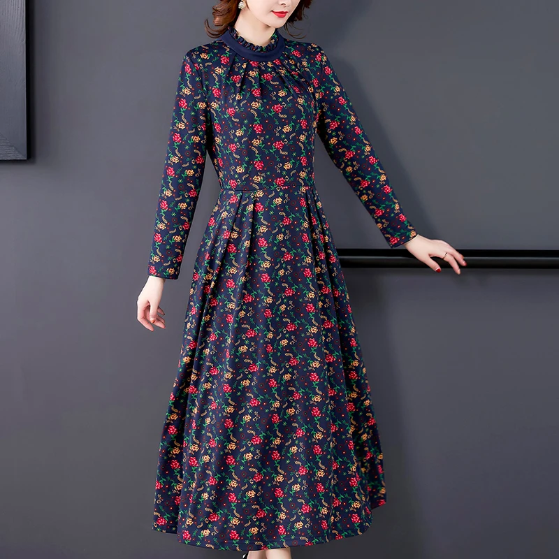

Special sale temperament knitted printed dress autumn new style stand collar long sleeve high waist loose floral dress women