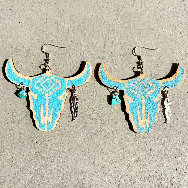 

Western Cowgirl Jewelry Turquoise Stone Charms Aqua Pink Cow Head Wood Dangle Drop Earrings Gift for Her