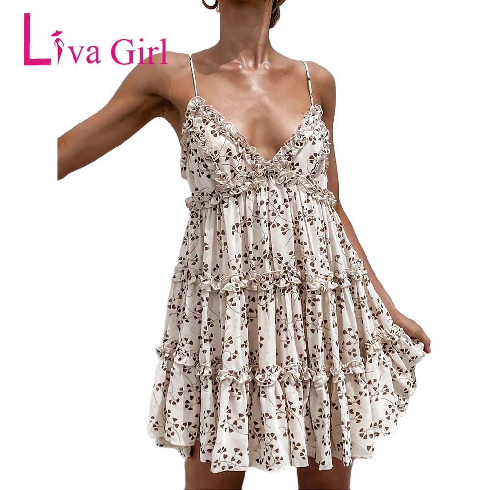 

Кружевное мини-платье для девочек LIVA, с цифровым принтом, на подтяжках, для женщин, весна-лето 2021, Повседневная Свободная короткая юбка, женс...