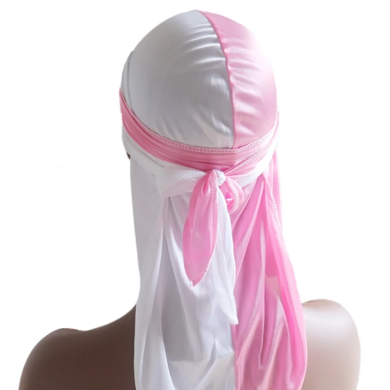 

Silky Durag Pirate Cap 2 Tone Color Block Long-Tail Headwrap Turban Chemo Hat