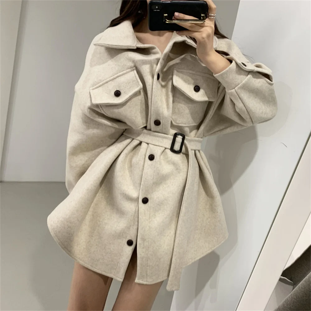 

Vintage Classic Woolen Coats Warm With Sashes New Winter 2021 Streetwear Hot Sale High Quality Elegant Women Retro