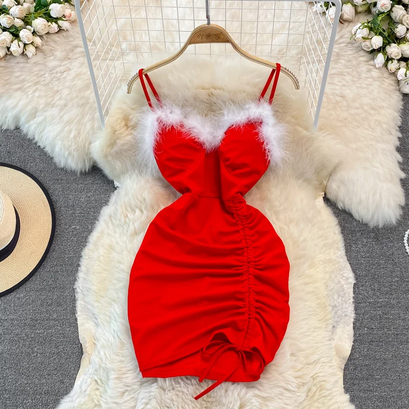 

Fashion Red Wool Stitch Christmas Party Dress Girl Sexy Drawstring Lace Up Mini Short Dress Women Hip Wrap Bodycon Slip Dress