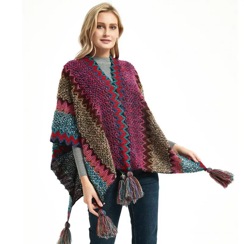 

Multicolour Pashmina Ponchos And Capes Autumn Winter New Ethnic Tassel Knitted Cloak Soft All-match Warm Thick Blanket Tippet