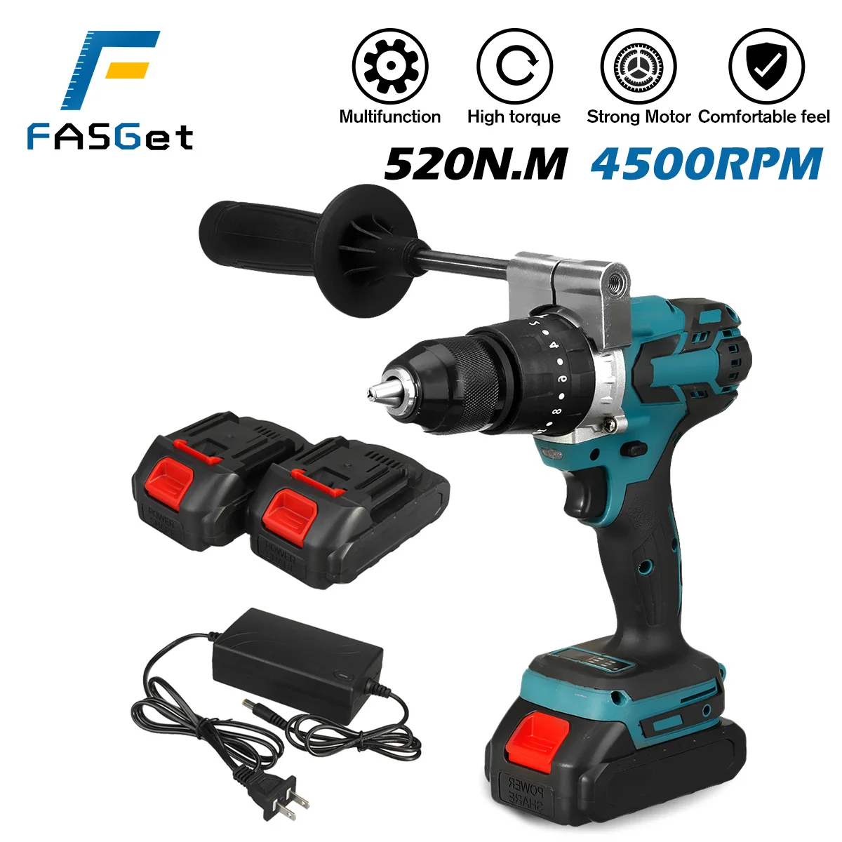 

FASGet Brushless Electric Drill 20 Torque 520N.M Cordless Screwdriver 13mm Chuck Li-ion Battery Electric Power Screwdriver Drill