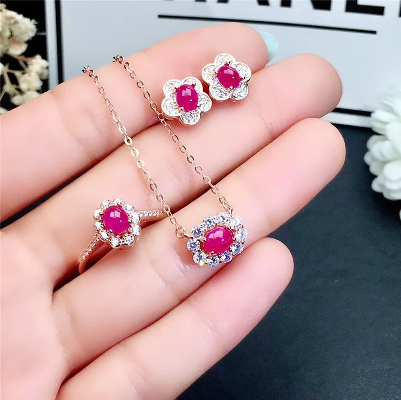 

Flower Natural Red Ruby Jewelry sets for Women Earrings Necklace Rings Brilliantly Real gemstones vvs 925 Solid Silver #695