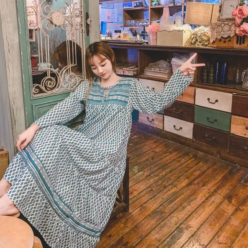 Богемное женское платье свободного кроя с принтом и длинным рукавом ветреное